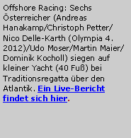 Textfeld: Offshore Racing: Sechs Österreicher (Andreas Hanakamp/Christoph Petter/Nico Delle-Karth (Olympia 4. 2012)/Udo Moser/Martin Maier/Dominik Kocholl) siegen auf kleiner Yacht (40 Fuß) bei Traditionsregatta über den Atlantik. Ein Live-Bericht findet sich hier.